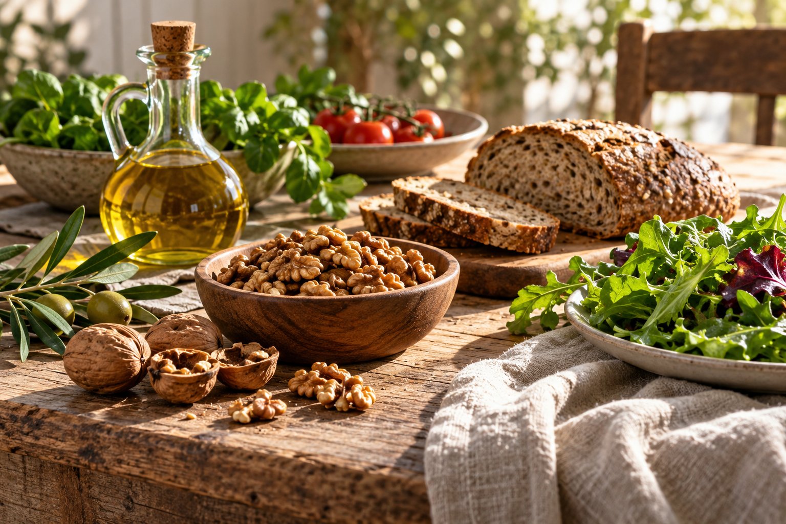 Masă variată cu legume, nuci și cereale integrale