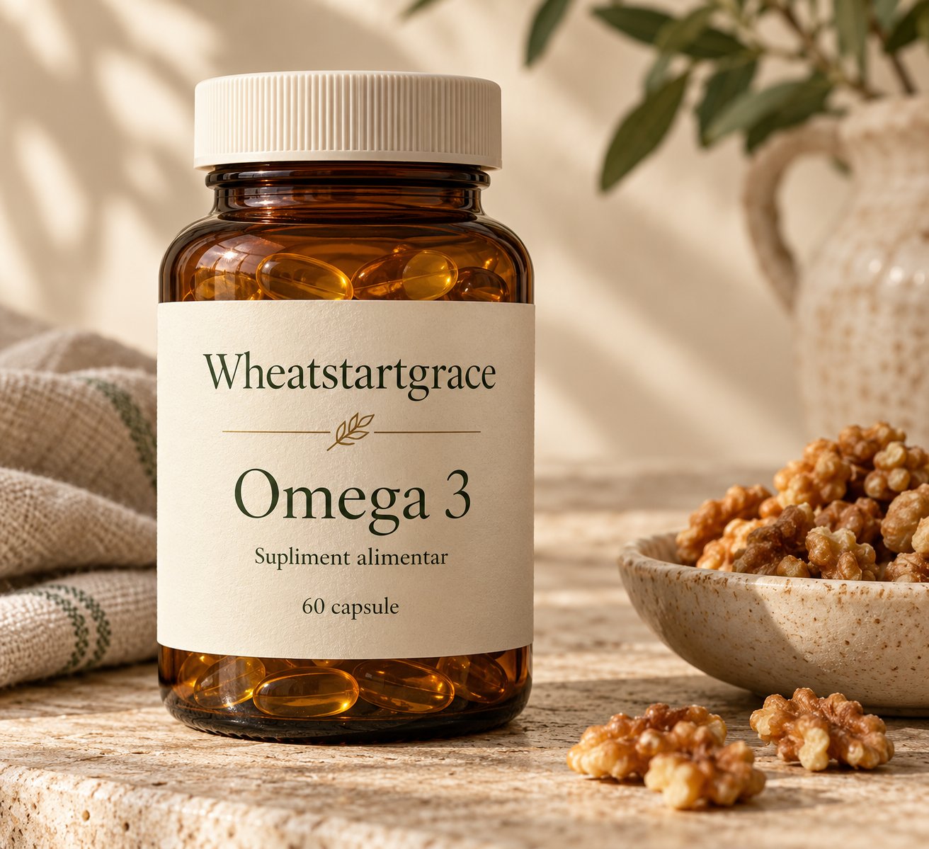 Alt unghi al flaconului Omega 3, lângă nuci